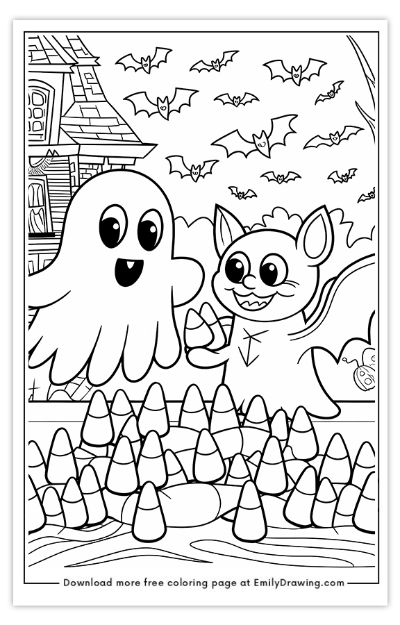 Free printable Ghost and a Bat Sharing Candy Corn coloring pages with PDF files for download and printing!