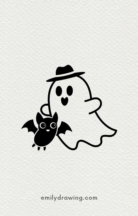 Ghost and a Friendly Bat - Easy Cute Ghost Drawing Ideas for kids