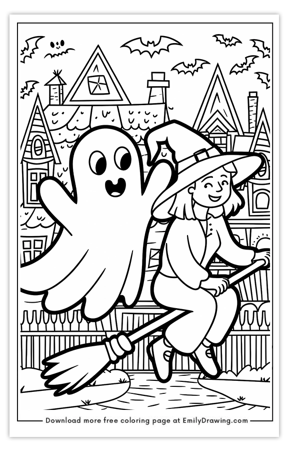 Free printable Ghost and a Witch Riding Broomsticks Together coloring pages with PDF files for download and printing!