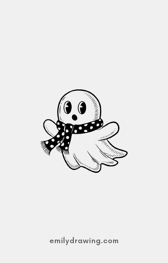 Ghost with a Polka Dot Scarf - Easy Cute Ghost Drawing Ideas for kids