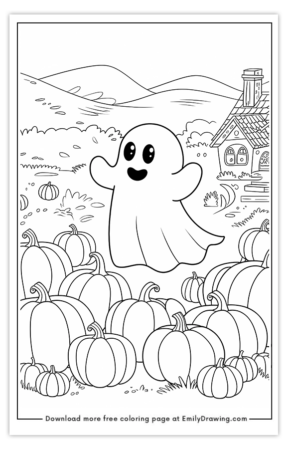 Free printable GhostFloating Around a Pumpkin Patch coloring pages with PDF files for download and printing!