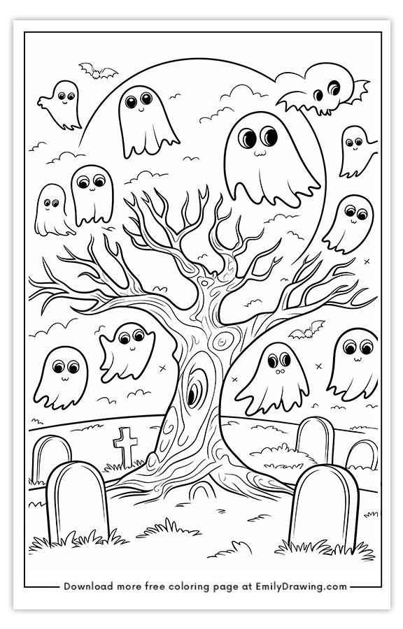 Free printable Ghosts Floating Around a Tree coloring pages with PDF files for download and printing!