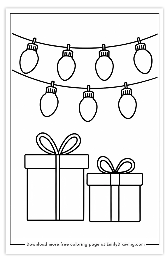 Free printable Gift Boxes and Festive Lights coloring pages with PDF files for download and printing!