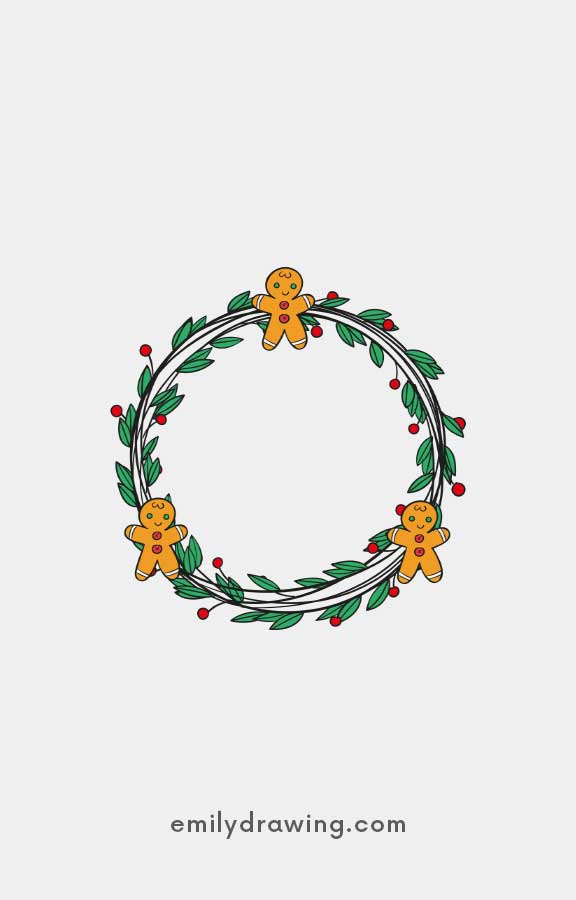 Festive wreath with gingerbread men, holly berries, and leaves.