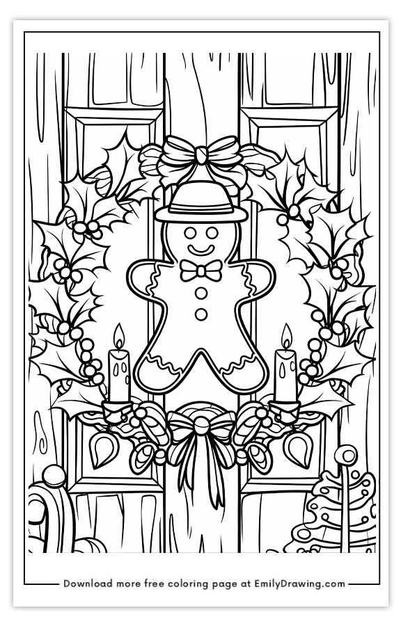 Free printable Gingerbread Man in Holly Wreath coloring pages with PDF files for download and printing!