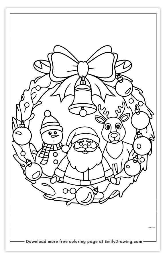 Free printable Holiday Trio in a Festive Wreath coloring pages with PDF files for download and printing!