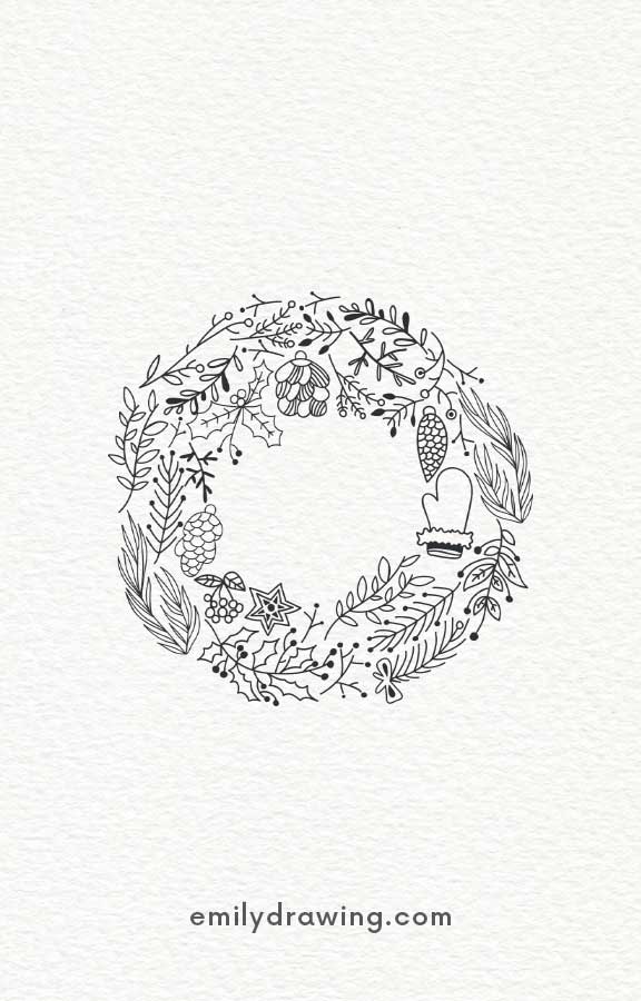 Intricate black holiday wreath drawing with pinecones, mittens, and festive leaves.