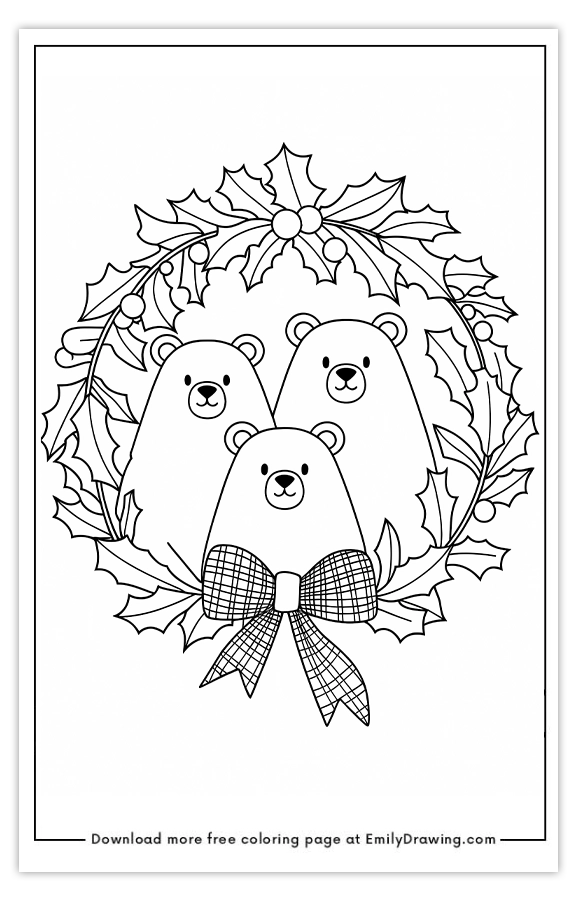 Free printable Holly Wreath with Cheerful Bears coloring pages with PDF files for download and printing!