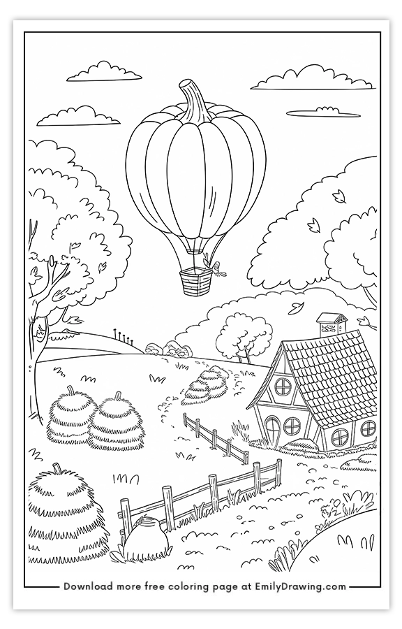 Free printable Hot Air Balloon Shaped Like a Pumpkin coloring pages with PDF files for download and printing!