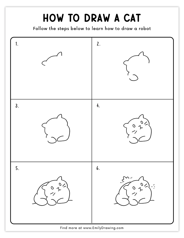 Step-by-step tutorial for drawing a fluffy cartoon cat in a playful pose, ideal for beginner artists and cat enthusiasts.