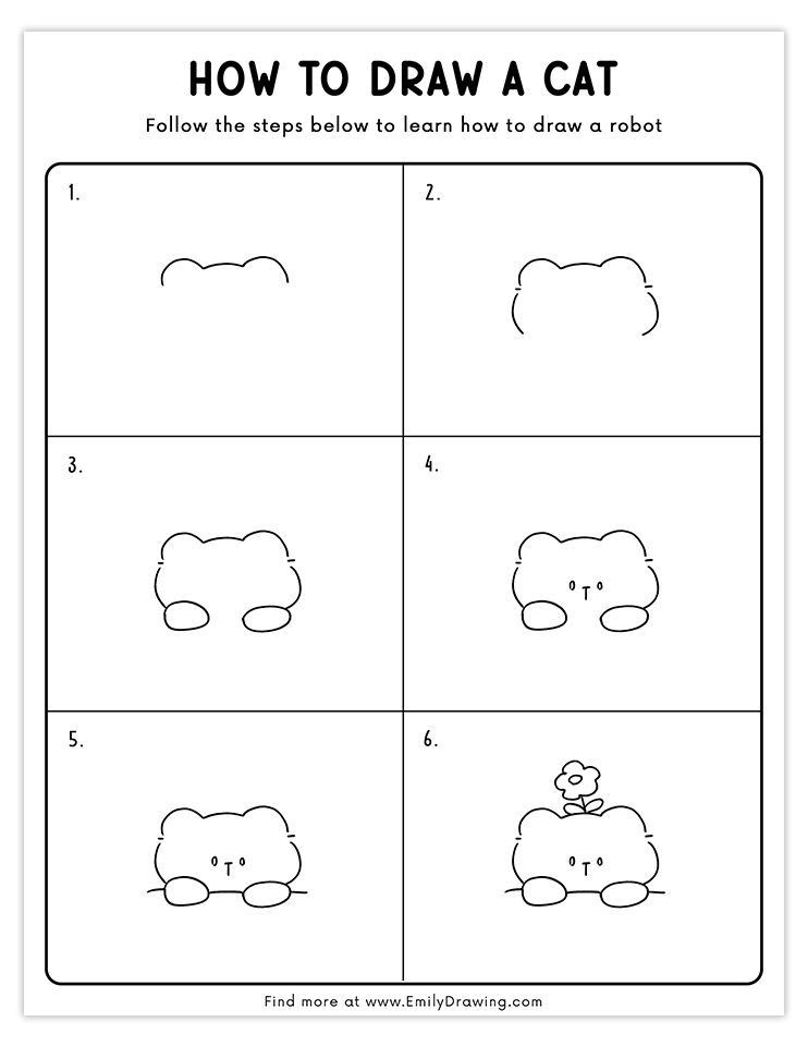 Step-by-step tutorial for drawing a cartoon cat with a flower on its head, perfect for beginners and creative artists.