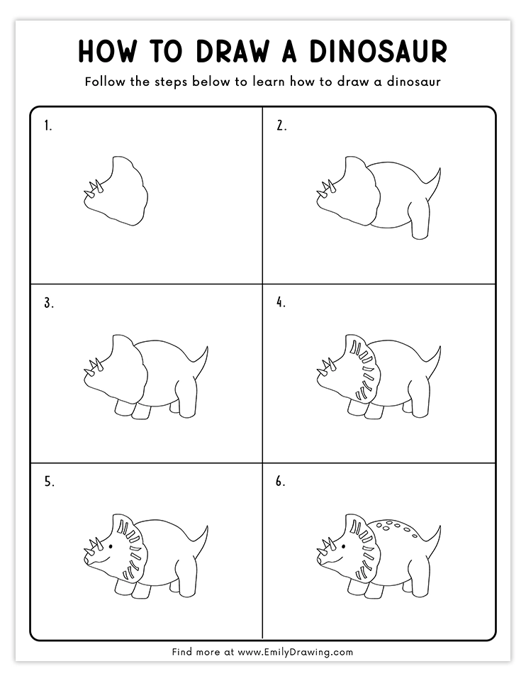 Learn to draw a friendly triceratops with horns and spots.