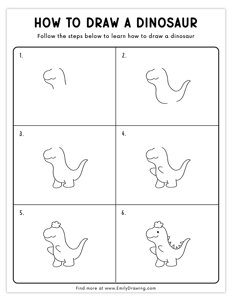 Step-by-step tutorial to draw a cute dinosaur wearing a cloud-shaped hat.