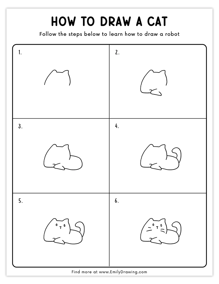 Step-by-step tutorial for drawing a cartoon cat in a relaxed, lounging pose, perfect for beginners and kids.