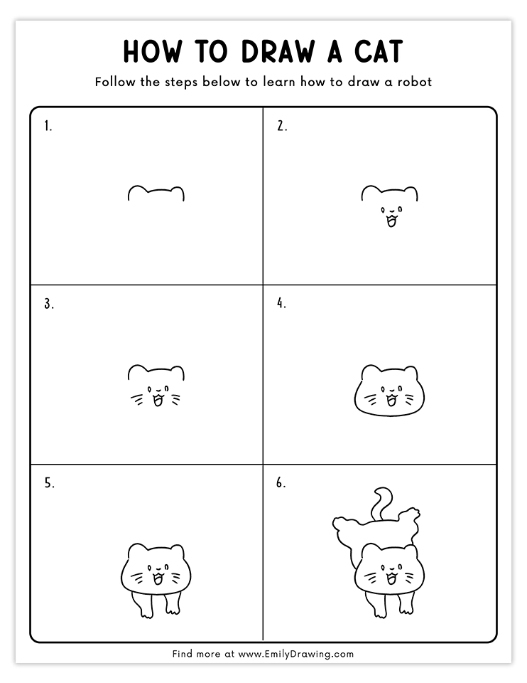 Step-by-step tutorial for drawing a cartoon cat in a joyful jumping pose, perfect for beginners and young artists.