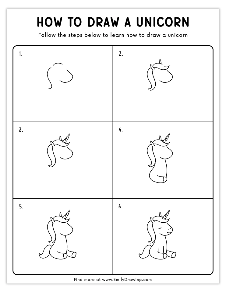 Simple sitting unicorn drawing tutorial for kids and beginners.