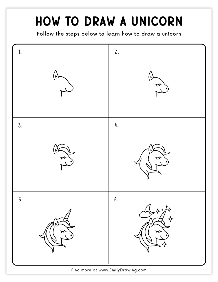 Step-by-step guide to draw a magical unicorn head with stars and moon.