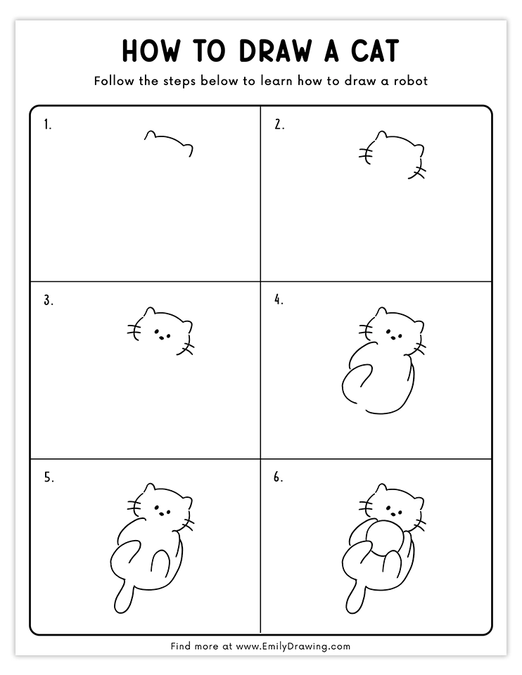 Step-by-step guide for drawing a cartoon cat holding a ball, perfect for kids and beginner artists.