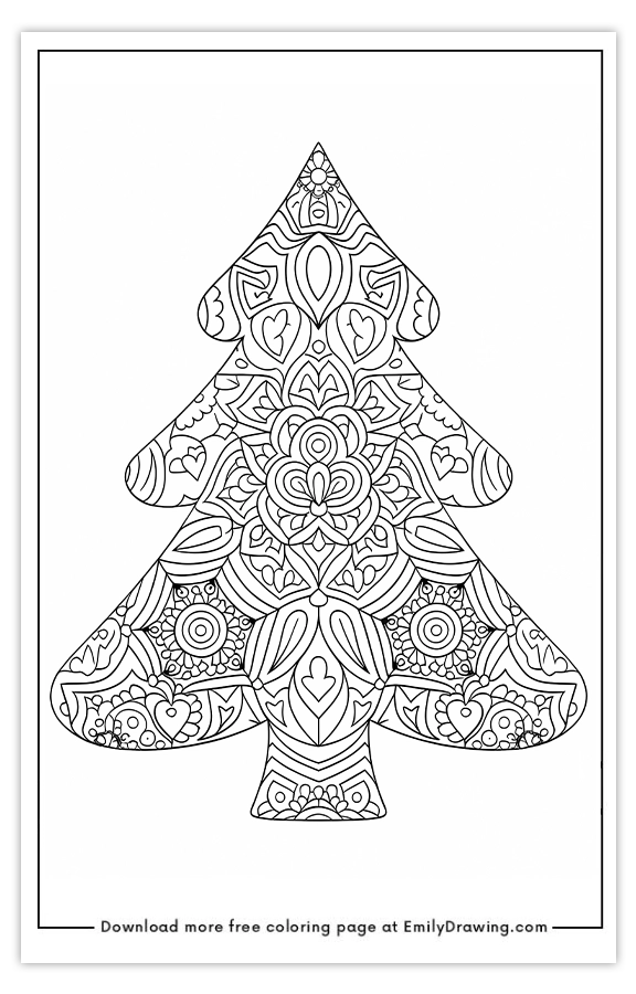 Free printable Intricate Mandala Christmas Tree coloring pages with PDF files for download and printing!