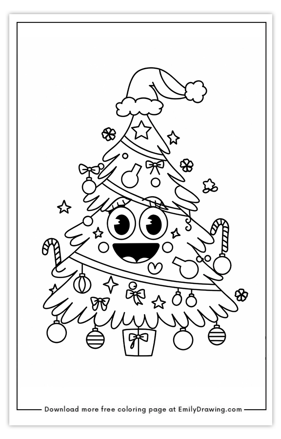 Free printable Jolly Christmas Tree Character coloring pages with PDF files for download and printing!