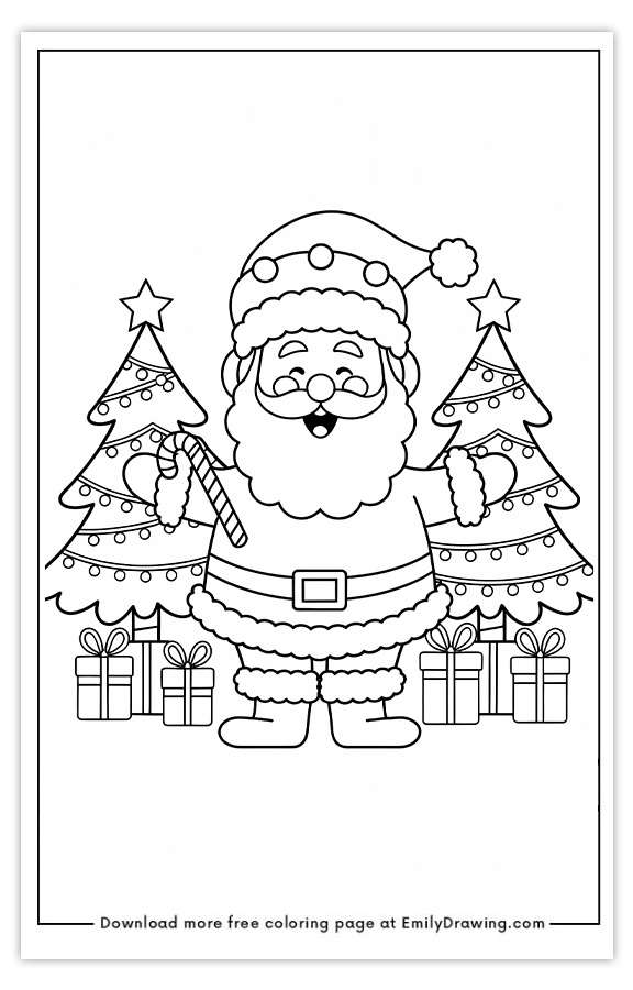 Free printable Jolly Santa and Festive Trees coloring pages with PDF files for download and printing!