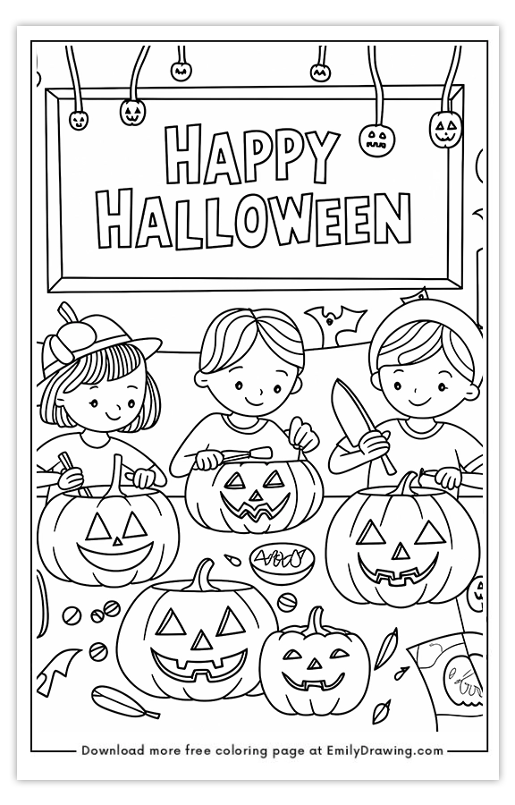 Free printable Kids Carving Christmas Lanterns in a Workshop coloring pages with PDF files for download and printing!