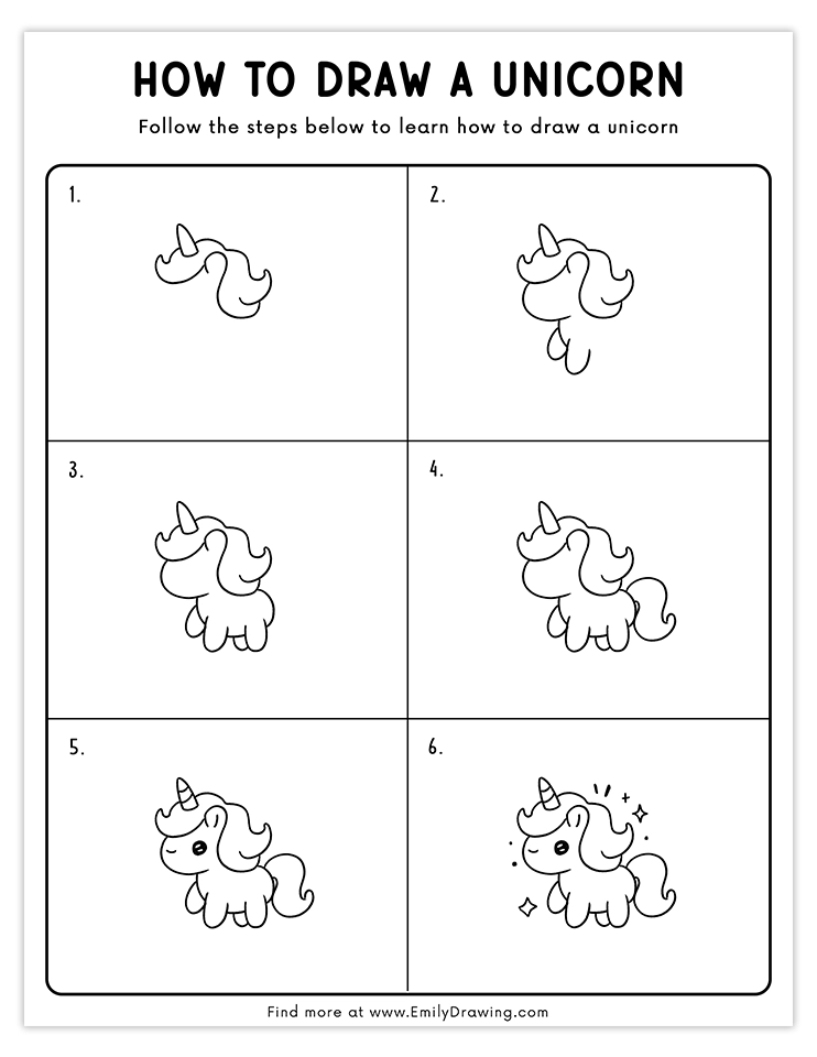 Step-by-step guide for drawing an adorable baby unicorn with sparkles.