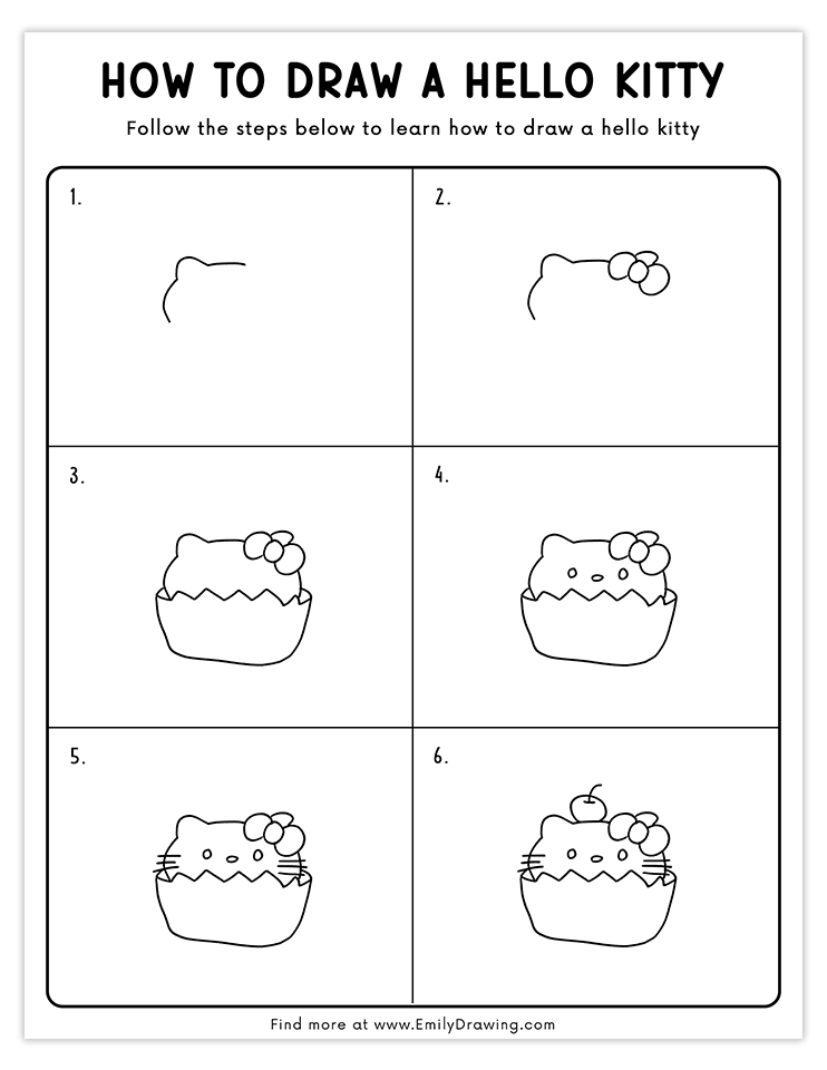 Step-by-step Hello Kitty cupcake drawing tutorial for kids.