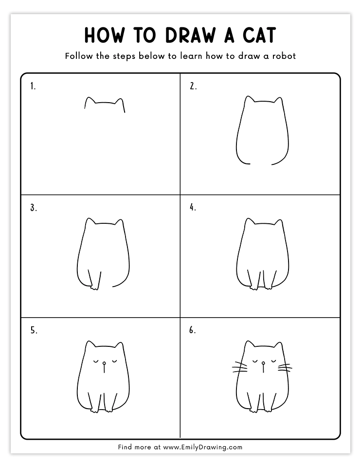 Step-by-step guide for drawing a simple cartoon sitting cat with relaxed, closed eyes, perfect for beginners.