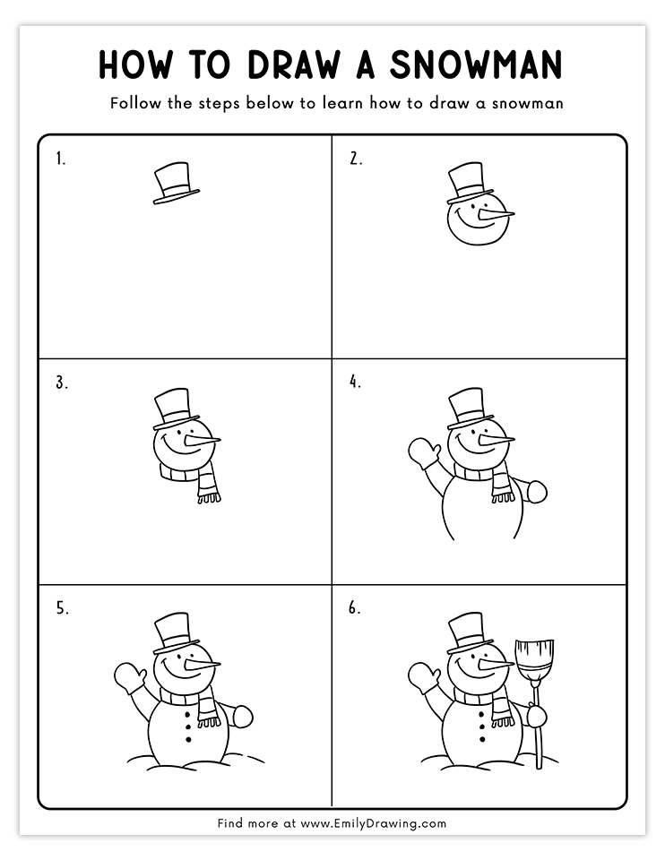 Traditional snowman drawing with a top hat, scarf, and broomstick, waving hand.