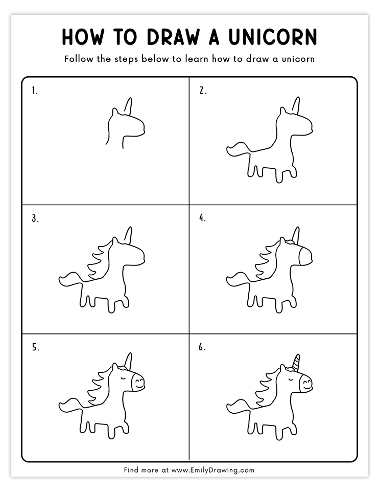 Simple unicorn drawing tutorial showcasing step-by-step outline of a cute unicorn.