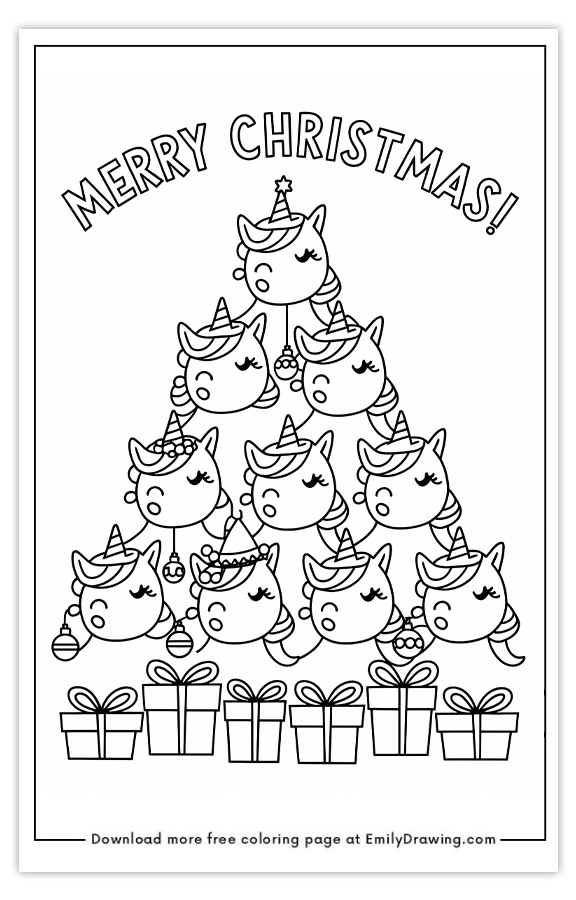 Free printable Magical Unicorn Christmas Tree coloring pages with PDF files for download and printing!