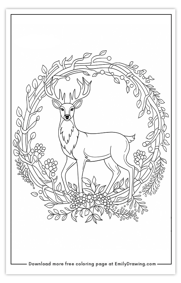 Free printable Majestic Deer in Floral Wreath coloring pages with PDF files for download and printing!