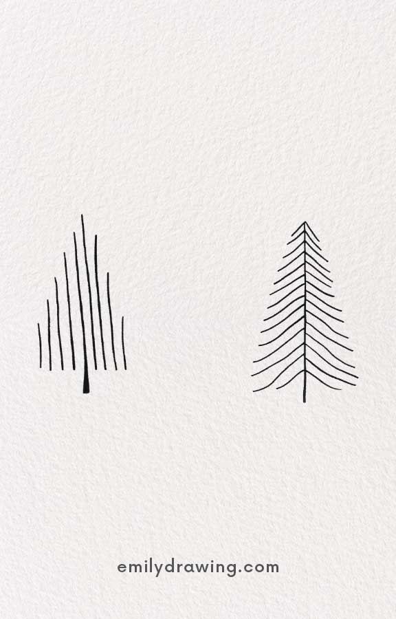 Simple line art Christmas trees with vertical and branch designs.