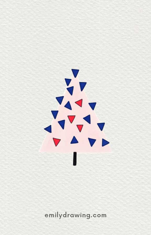 Christmas tree with colorful triangle ornaments on a pastel pink base.