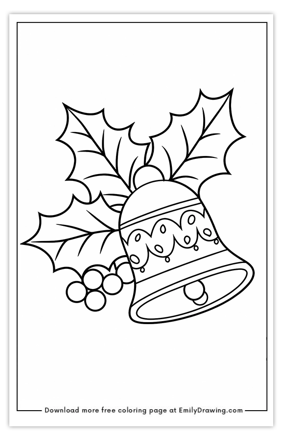 Free printable Ornate Bell with Holly Leaves coloring pages with PDF files for download and printing!