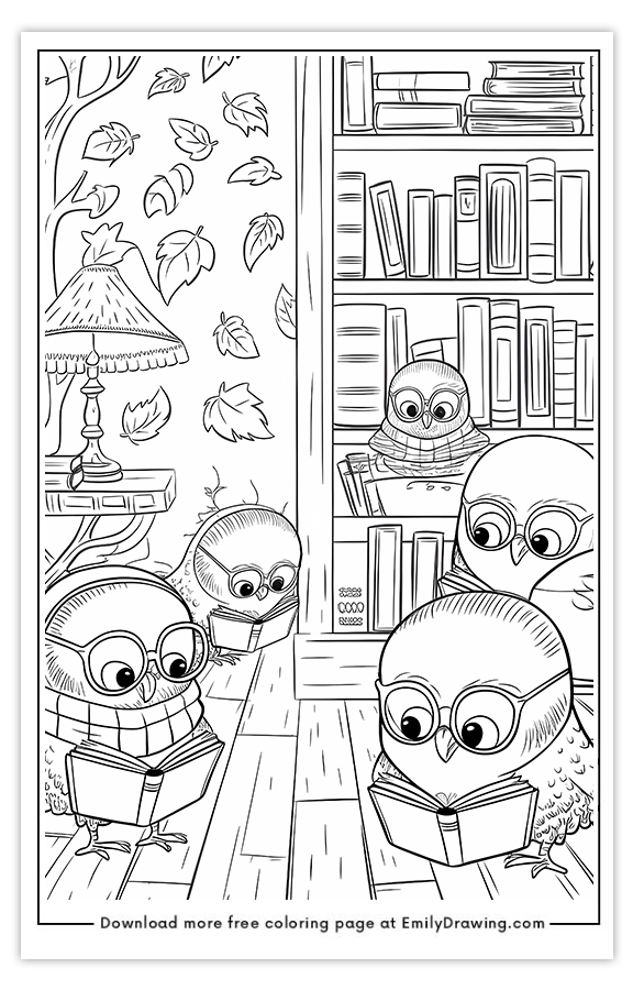 Free printable Owls Reading Books coloring pages with PDF files for download and printing!