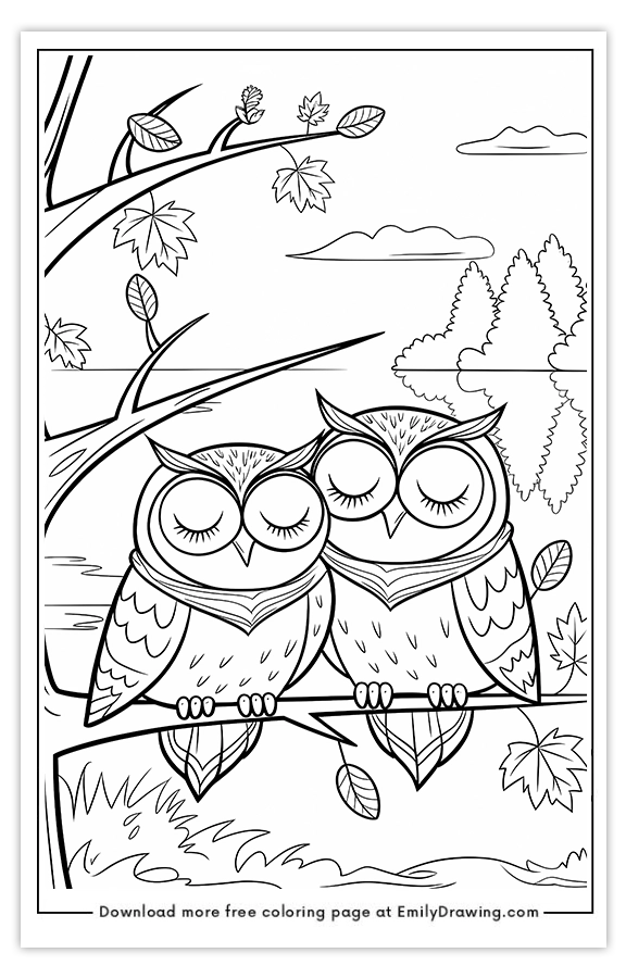 Free printable Owls Sitting on Tree coloring pages with PDF files for download and printing!