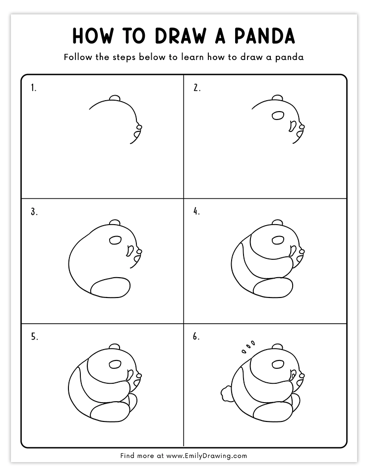 Step-by-step guide for drawing a surprised panda sitting down, perfect for kids and beginner artists.