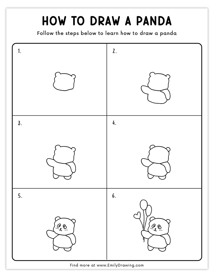 Step-by-step guide for drawing a panda holding balloons, perfect for beginner artists and kids.