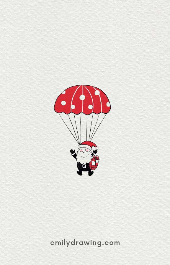 Santa Claus descending with a parachute holding a gift.