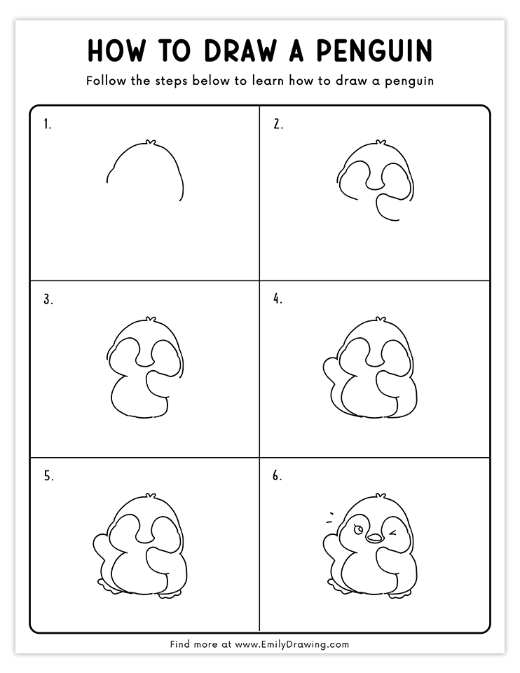 Adorable drawing of a penguin winking playfully, ideal for beginner tutorials.