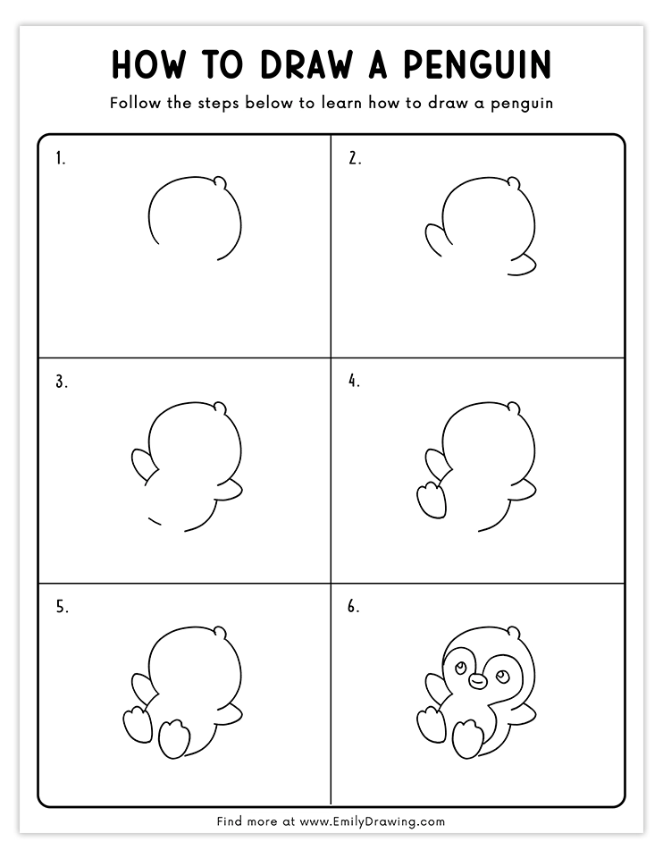 Adorable drawing of a baby penguin sitting with a playful pose, ideal for drawing tutorials.