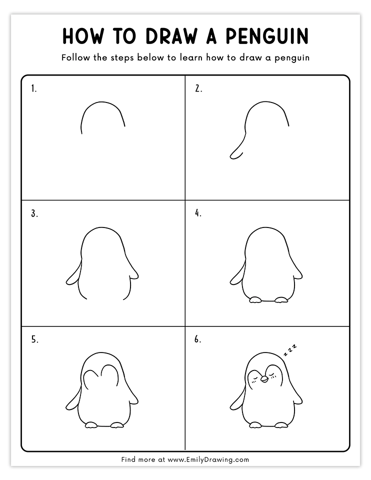 Cute drawing of a sleeping penguin with closed eyes and peaceful expression, perfect for beginner tutorials.