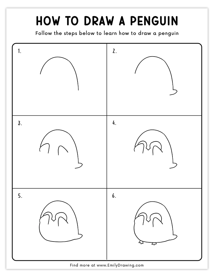 Simple outline of a cartoon penguin for drawing tutorial, easy steps for beginners.