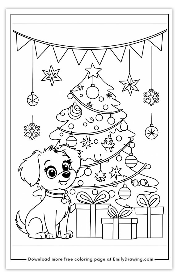 Free printable Playful Puppy by the Christmas Tree coloring pages with PDF files for download and printing!