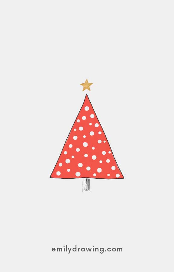 Red triangular Christmas tree with white polka dots and a gold star.