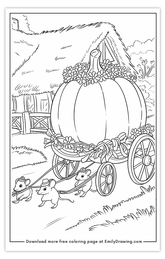 Free printable Pumpkin Carriage Being Pulled by Mice coloring pages with PDF files for download and printing!