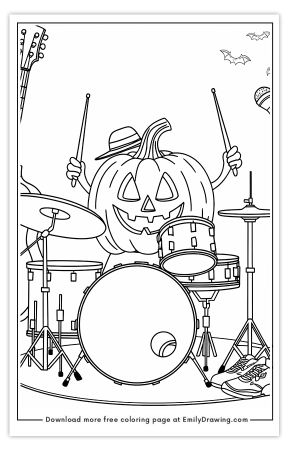 Free printable Pumpkin Character Playing Drums coloring pages with PDF files for download and printing!