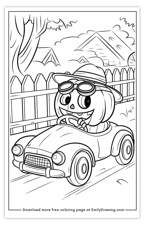 Free printable Pumpkin Driving a Toy Car coloring pages with PDF files for download and printing!